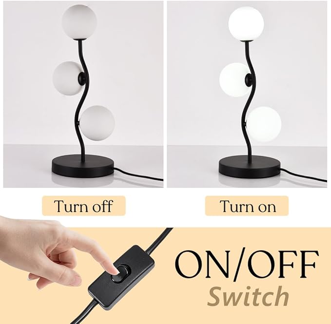 3-Light Curve Black Globe Table Lamp Mid Century Flower Beside Desk Table Light with Milk White Glass Shade Metal Base Nightstand Lamp for Bedroom Bedside
