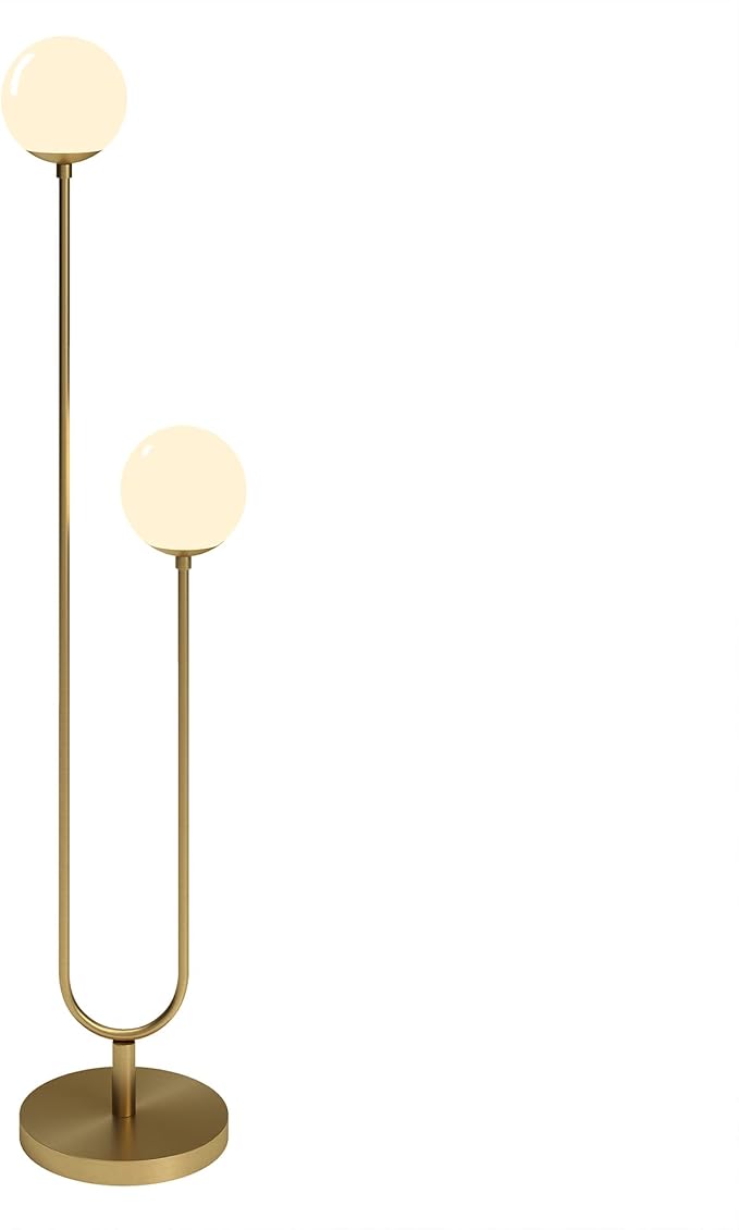 Henn&Hart 68.5'' Mid-Century Modern 2-Light Floor Lamp with White Milk Glass Globe Shade for Living Room, Bedroom, or Office, Brass