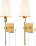 Gold Wall Sconces Set of Two Plug in Sconce Light Modern Brass Sconces Wall Lighting with Fabric Shade Wall Lamps for Bedroom Hallway Bathroom Living Room