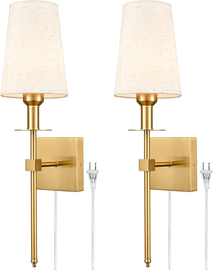 Gold Wall Sconces Set of Two Plug in Sconce Light Modern Brass Sconces Wall Lighting with Fabric Shade Wall Lamps for Bedroom Hallway Bathroom Living Room