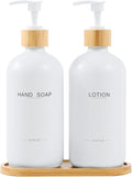 Bathroom Soap Dispenser Set, Bamboo Pumps & Tray, Lotion Dispenser, and Hand Soap Dispenser Bathroom Counter Decor. (White)