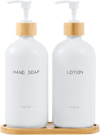 Bathroom Soap Dispenser Set, Bamboo Pumps & Tray, Lotion Dispenser, and Hand Soap Dispenser Bathroom Counter Decor. (White)