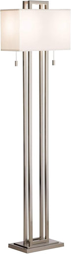 Possini Euro Design Modern Standing Floor Lamp Double Tier 62" Tall Brushed Nickel Silver Openwork Rectangular Off White Fabric Shade Decor for Living Room Reading House Bedroom Home