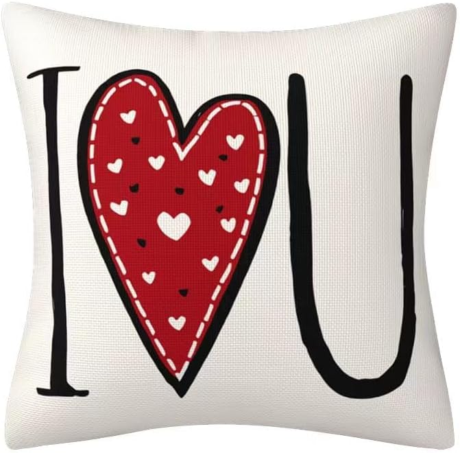 Valentines Day Decor-Throw Pillow Covers 18x18 in Set of 4,Valentine Linen Pillow Case with Red Heart Love You More for Large Couch Sofa Home Indoor Outdoor Holiday Decorations