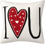 Valentines Day Decor-Throw Pillow Covers 18x18 in Set of 4,Valentine Linen Pillow Case with Red Heart Love You More for Large Couch Sofa Home Indoor Outdoor Holiday Decorations
