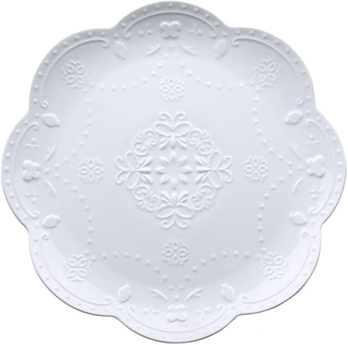 YBK Tech Elegant Round Embossed Lace Plate, Ceramic Serving Plate for Breakfast Afternoon Tea (White, 10-inch)