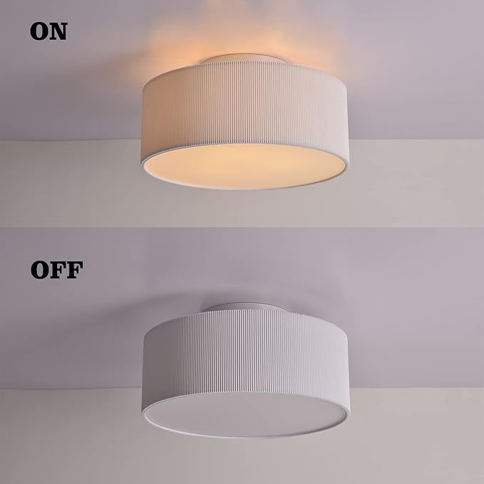 Ceiling Light, SPAKRSOR Modern Stripe Fabric Pendant Light Shade Flush Mount, Large White Drum Lampshade, Round Pendant Lamp, for Bedroom Living Room, Flush Chrome Matt, 3 Bulb, E26