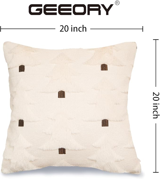 GEEORY Christmas Pillow Covers 20x20 Inch Set of 2, Christmas Decorations Xmas Tree Soft Plush Fluffy Faux Fur Decorative Throw Pillows Farmhouse Winter Cushion Case Beige Brown GC034-20