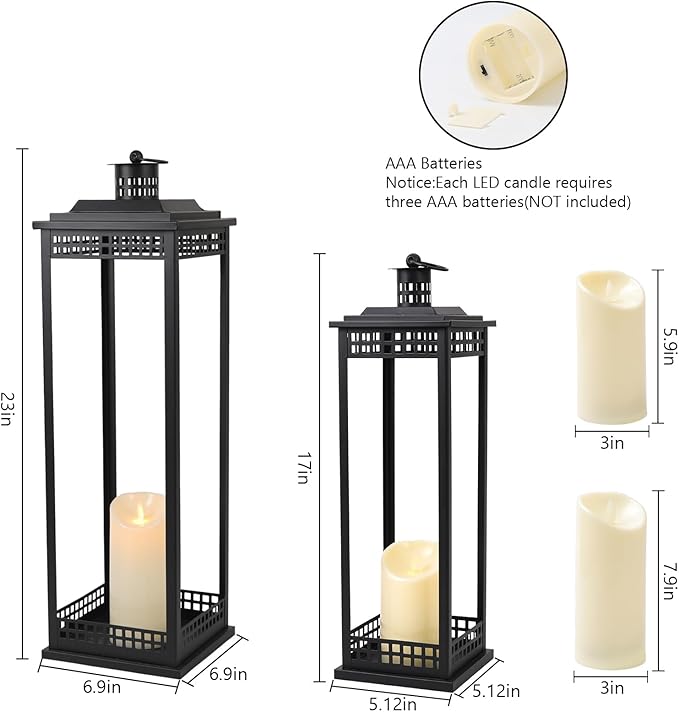 Vintage Lanterns Decorative Outdoor Indoor, 23'' 17'' Set of 2 Black Metal Candle Lantern, Lantern Decor for Retro Living Room, Patio, Fireplace, Porch, Garden, Balcony, Wedding Floor Lantern