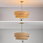 22.8in Woven Rattan Lighting Fixture, Large Boho Coastal Pendant Lights, 2-Tier Rope Chandelier with Fabric Shade for Kitchen Island, Dining Room, Bedroom, Restaurant, Hallway