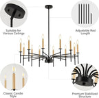 12 Light Modern Farmhouse Black and Gold Chandeliers for Dining Room Light Fixture, Metal Candle Chandelier Lighting Fixtures for Living Room Stair Foyer Entryway Bedroom Kitchen