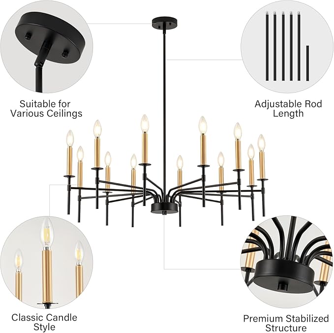 12 Light Modern Farmhouse Black and Gold Chandeliers for Dining Room Light Fixture, Metal Candle Chandelier Lighting Fixtures for Living Room Stair Foyer Entryway Bedroom Kitchen