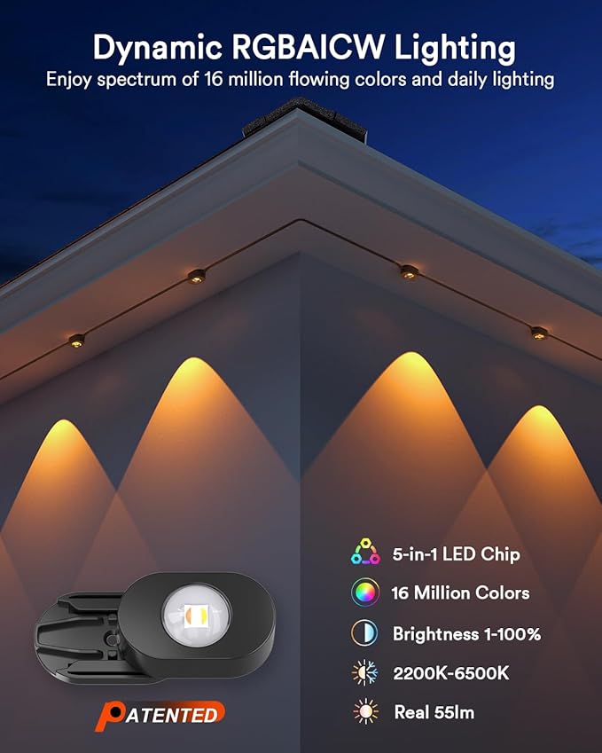 Lumary Smart Permanent Outdoor Lights 2 with Remote & Slide-Base, 100ft with 60 RGBAICW LEDs 3600lm for Daily & Accent Lighting, 110+ Modes for Halloween Christmas Decor, Work with Alexa Google, Black