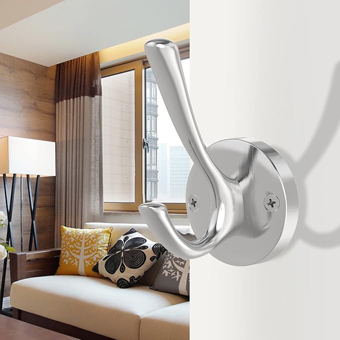 Brushed Nickel Wall Hooks, 4 Pack Heavy Duty Coat Towel Hook Metal Double Hook Wall Mounted Hanging, Bath Towel Hooks for Entryway Cubicle Bathroom Closet Garage