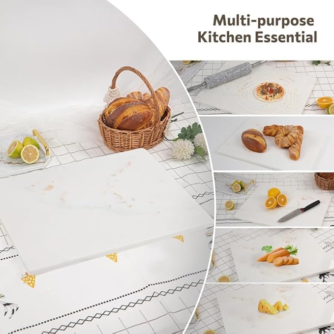 Natural Marble Cutting Board For Kitchen, 16 x 20 Inch White Marble Slab Pastry Board With Non-Slip Feet For Baking, Cheese, Charcuterie, Chocolate, Ares Gold