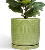 Ceramic Planter - 12 Inch Pots for Plants Indoor Outdoor, Round Large Flower Pots with Drainage Hole and Saucer, Decorative Boho Planter, Home Office Decor, Plant Lover Gifts, Green