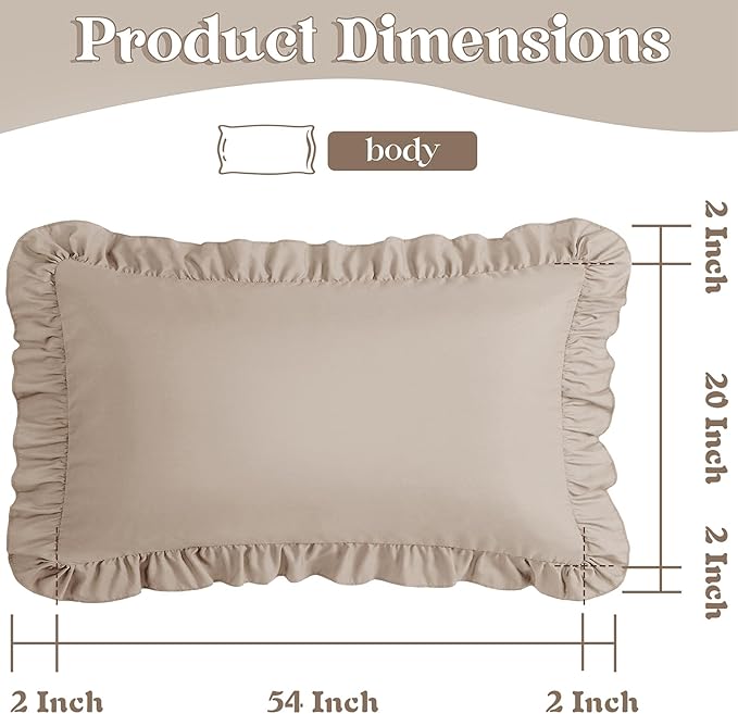 KKJIAF Ruffle Body Pillow Cases Set of 1, Ruffled Pillow Covers with Envelope Closure, Body Pillowcases Size of 20" x 54", Ruffled Long Pillow Shams, Khaki