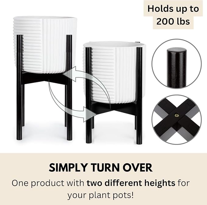 Fox & Fern Adjustable Plant Stand Indoor — 8 to 12 Inch Premium Mid Century Bamboo Plant Stand with Adjustable Width; Plug In Design; Easy to Assemble; Two Heights - For 8, 9, 10, 11 & 12 Inch Pots