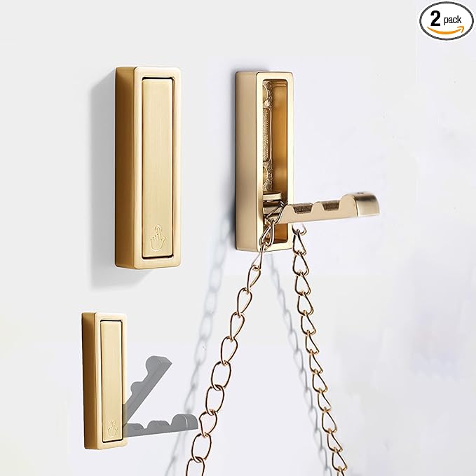Foldable Coat Hooks 2 Pack,Heavy Duty Wall Hooks for Hanging Coats Towels Backpacks Bags Brushed Gold Towel Hooks for a Functional Home (Gold, 2)