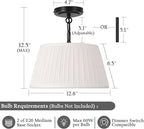 Electro bp; 12.6”Dia White Pleated Drum Shade Close to Ceiling Light Fixture Modern Classic Brocade Fabric Cone Shape Semi-Flush Mount,Matte Black Painted,2 Sockets,E26,120W;