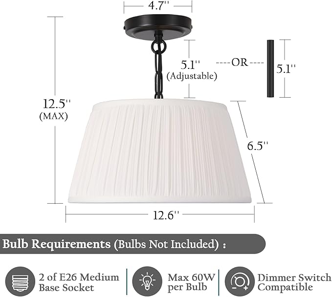 Electro bp; 12.6”Dia White Pleated Drum Shade Close to Ceiling Light Fixture Modern Classic Brocade Fabric Cone Shape Semi-Flush Mount,Matte Black Painted,2 Sockets,E26,120W;