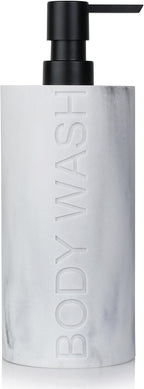 White Body Wash Dispenser Luxurious Refillable Pump Bottle with Embossed Text, Durable Construction for Bathroom and Kitchen
