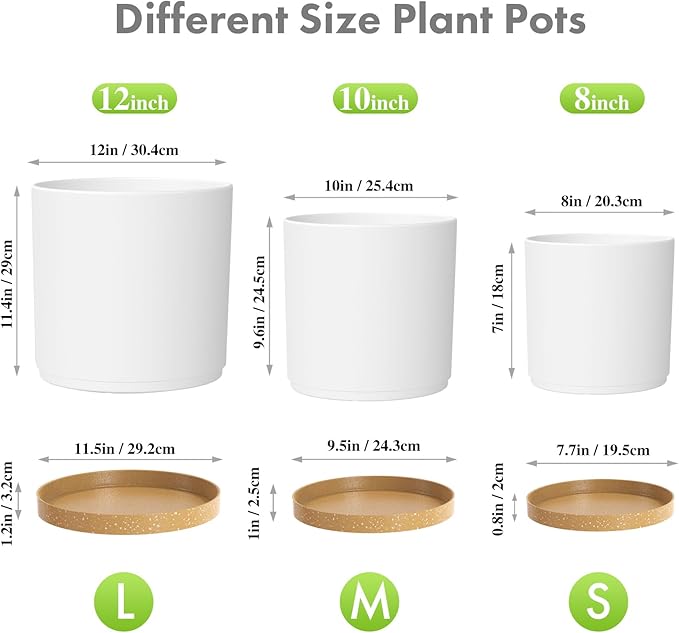 12/10/8 inch Large Plant Pots, 3 Pack Tall Deep Cylinder Flower Pots for Outdoor Indoor Plants, Plastic Planters with Drainage Holes and Saucers for Garden House Plants, Black with Brown