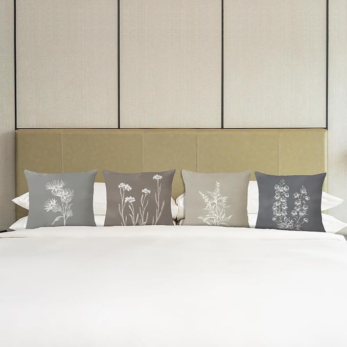 JINYO Boho Neutral Floral Pillow Covers 18x18 Set of 4, Minimalist Elegant Rustic Flower Botanical Decorative Throw Pillow Covers for Living Room Bedroom Home, Floral Flower Room Decor
