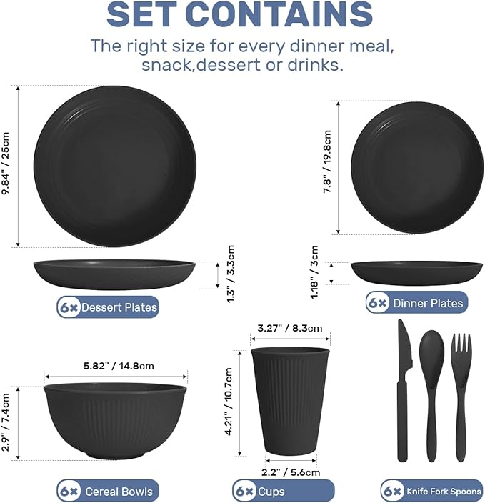Wheat Straw Dinnerware Sets for 6 (42pcs), SGAOFIEE Unbreakable Dinnerware Set, Kitchen Plates and Bowls Set, Unbreakable Plastic Outdoor Camping Dishes, Dishwasher Microwave Safe, Black