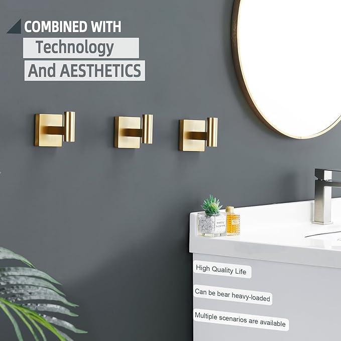 KOKOSIRI Robe Hooks Bathroom Towel Coat Hook for Bath Kitchen Wall 3 Pack Brushed Gold Stainless Steel B1013BG-P3