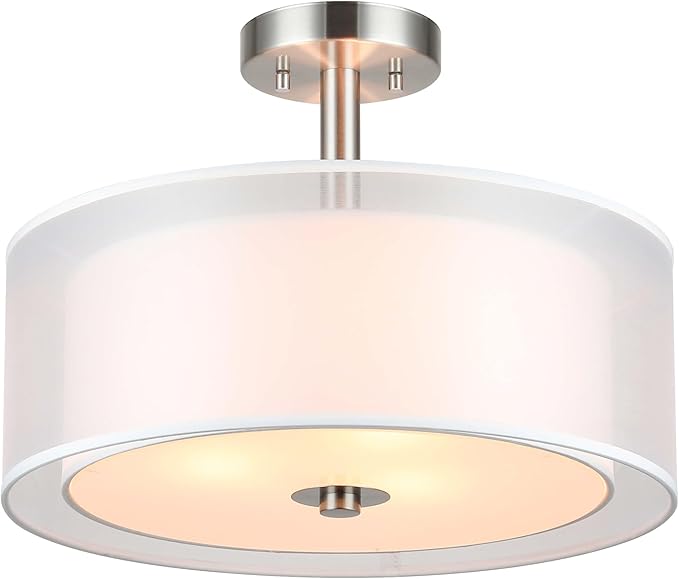 XiNBEi Lighting Semi Flush Mount Ceiling Light, 3 Light Close to Ceiling Light with Fabric Shade, 16" Drum Semi Flush Ceiling Light in Brushed Nickel for Living Room & Bedroom XB-SF1194-BN