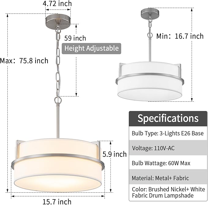 15.7" Modern Drum Chandelier Ceiling Light Fixture,3-Light Drum Pendant Light with White Fabric Shade,Adjustable Brushed Nickel Dining Room Chandelier for Kitchen Island Over Table Bedroom,E26