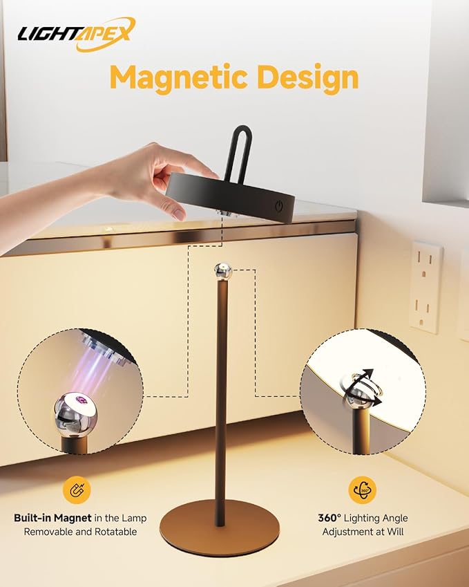Lightapex Cordless Table Lamps, 2-Pack, Rechargeable Portable Lamps with Stepless Dimming, Touch Control, Detachable Magnetic Design for Bedroom, Living Room, and Reading（Black）
