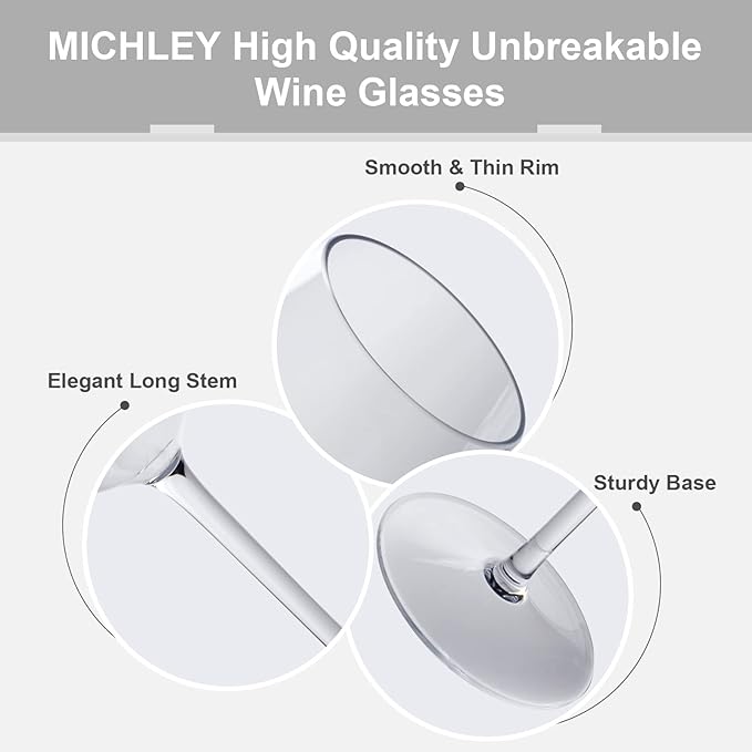 MICHLEY Floating Wine Glasses for Pool 17.5 OZ Unbreakable Tritan Plastic Red Wine Glasses with Stem Ideal for Beach Bar Camping Dishwasher Safe, Set of 4