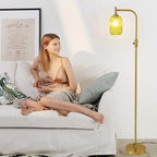 Dimmable Brass Gold Floor Lamp, Mid Century Modern Standing Lamp with Ribbed Green Glass Lampshade,Tall Lamp for Living Room Bedroom Study Room