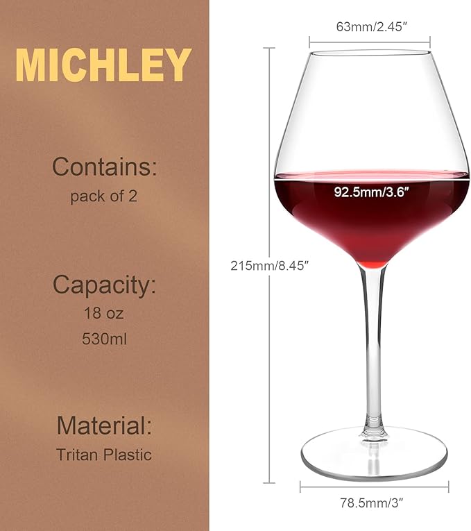MICHLEY Floating Wine Glasses for Pool 18 OZ Unbreakable Tritan Plastic Stemmed Red Wine Glasses Ideal for Beach Bar Camping Dishwasher Safe, Set of 6