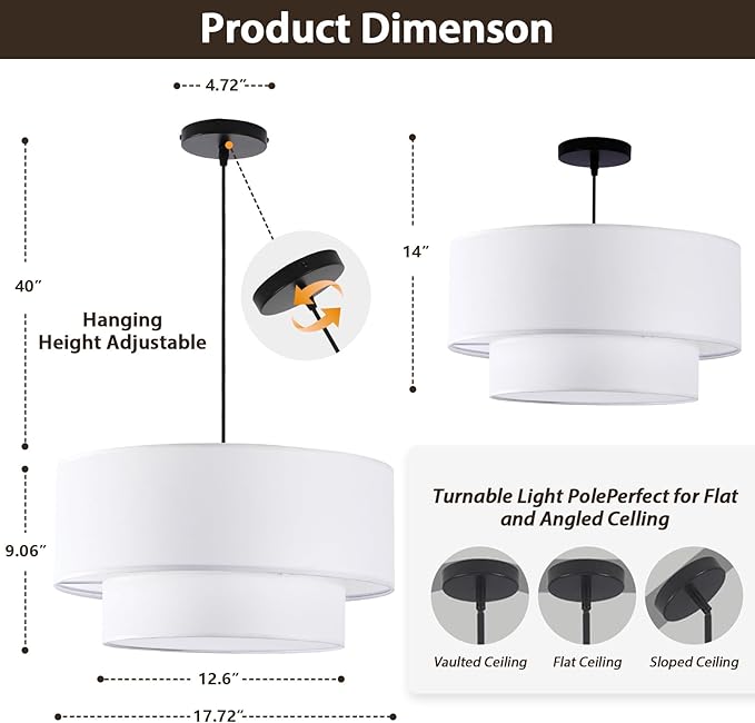 18" Drum Pendant Light Fixture, 3 Light Drum Chandelier with Wihte Fabric Lampshade, 2 Tier Dining Room Light Fixtures over Table, Ceiling Drum Chandeliers for Dining Room, Bedroom and Living Room