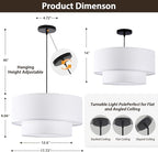 18" Drum Pendant Light Fixture, 3 Light Drum Chandelier with Wihte Fabric Lampshade, 2 Tier Dining Room Light Fixtures over Table, Ceiling Drum Chandeliers for Dining Room, Bedroom and Living Room