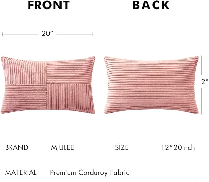 MIULEE Blush Pink Corduroy Pillow Covers Pack of 2 Boho Decorative Spliced Throw Pillow Covers Soft Solid Couch Pillowcases Patchwork Cushion Covers for Living Room Bed Sofa 12x20 inch Valentines Day