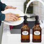Soap Dispenser - 2 Pack, Antique Design Thick Amber Glass Hand Soap Dispensers with Sturdy Tray; 304 Rust Proof Stainless Steel Black Pump, 12Pcs Stickers, for Kitchen, Bathroom- Black