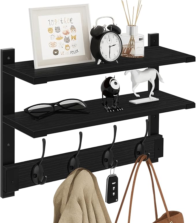 Homode Coat Rack Wall Mount, 2 Tier Wall Shelf with Hooks, 17" Wooden Coat Hanger with Shelf Entryway Key Holder, Floating Shelves for Hanging Hats Keys Towels Jackets Purse Backpack, Black