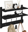 Homode Coat Rack Wall Mount, 2 Tier Wall Shelf with Hooks, 17" Wooden Coat Hanger with Shelf Entryway Key Holder, Floating Shelves for Hanging Hats Keys Towels Jackets Purse Backpack, Black