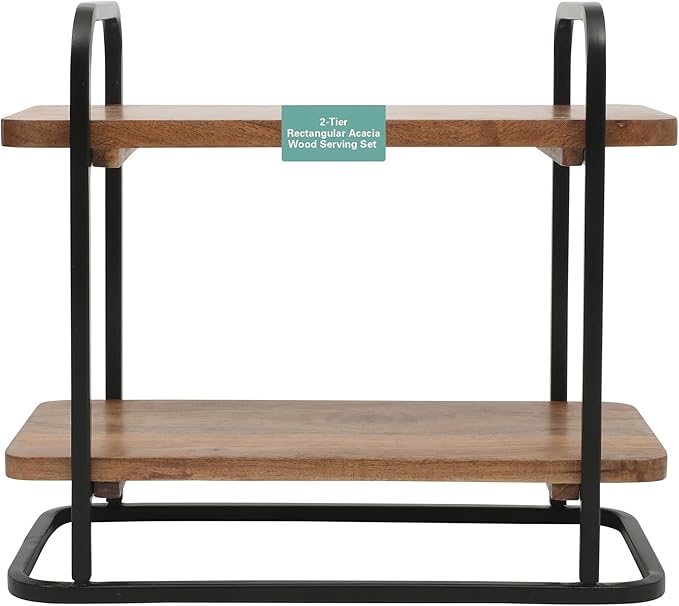 Gibson Home Gracious Dining 2-Tier Wooden Serving Tray with Metal Frame – Acacia Wood Rectangle Charcuterie Board, Cheese Platter, Dessert Display Stand for Buffet, Kitchen, Dining, or Events