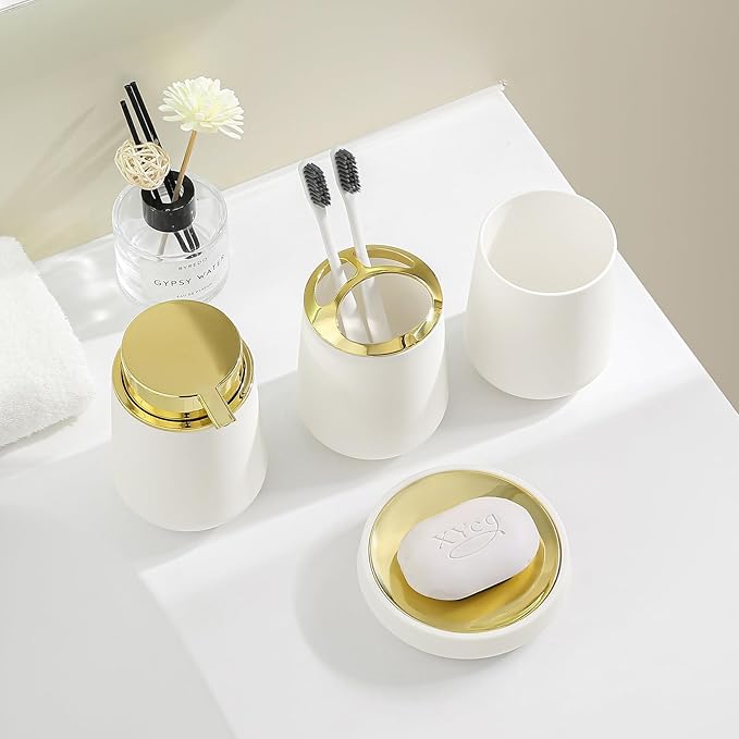 White and Gold Bathroom Accessories 4 Piece Set Luxury Matte Plastic Soap Dispenser Toothbrush Holder Cup Soap Dish for Modern Bathroom Deco