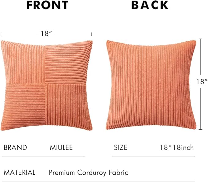 MIULEE Coral Red Corduroy Pillow Covers Pack of 2 Boho Decorative Spliced Throw Pillow Covers Soft Solid Couch Pillowcases Cross Patchwork Textured Cushion Covers for Living Room Bed Sofa 18x18 inch