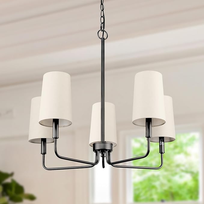 Chandelier, Matte Black with Beige Linen Fabric Shade, Farmhouse Linear Island Lighting Fixture for Kitchen, Dining Room (Matte Black with Linen Fabric Shades)