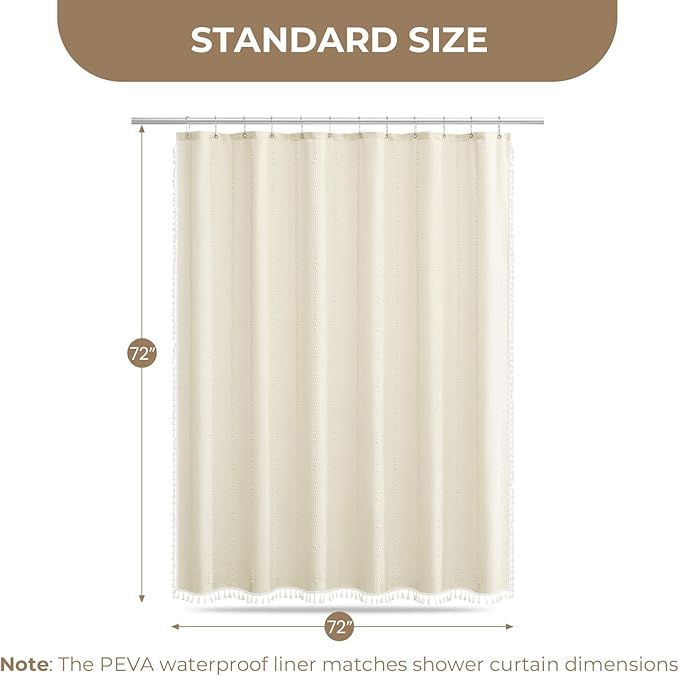 downluxe Linen Texture 3 in 1 Farmhouse Shower Curtain Set with Tassel, Boho Fabric Shower Curtains for Bathroom, Cream, 72W x 72L
