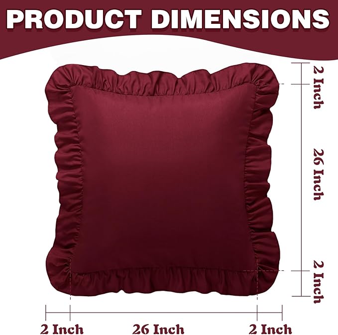 KKJIAF Ruffle Pillow Cases 26x26 Inches, Burgundy Square Ruffled Pillow Covers Set of 2, Microfiber Wrinkle Resistant Pillow Shams with Envelope Closure for Sofa Bed Living Room