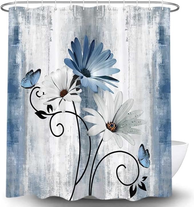 Rustic Farmhouse Shower Curtain, Farm Blue Daisy Floral Flowers and Butterfly on Country Wooden Shower Curtain for Bathroom with 12PCS Hooks, 48X70IN, Turquoise Blue