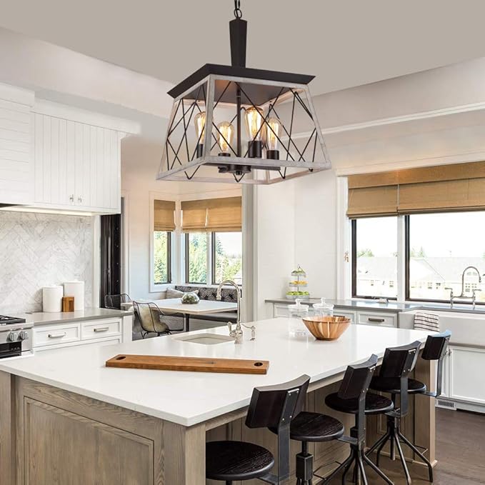 Q&S Farmhouse Vintage Chandelier, Rustic Pendant Light,Industrial Hanging Light Fixture for Dining Room Kitchen Island,Wrought Iron,ORB+Oak White 4 Lights E26 UL Listed